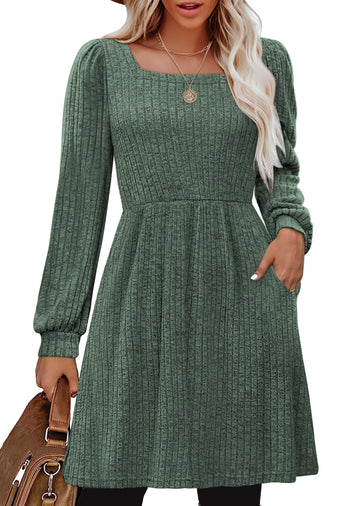 SHINE UP Dresses for Women Square Neck Long Sleeve Knee Length Dresses Fall Casual Knit Dress with Pockets