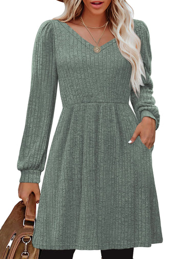 SHINE UP Dresses for Women Fall V Neck Long Sleeve Knee Length Dress with Pockets
