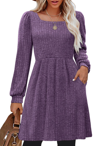 SHINE UP Dresses for Women Fall Square Neck Long Sleeve Knee Length Dress with Pockets
