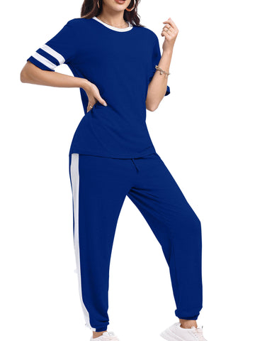 Shine Up Women Sweatsuits Casual 2 Piece Sets Striped Tracksuits Short Sleeve Summer T Shirts Long Jogger Sets Loose Activewear