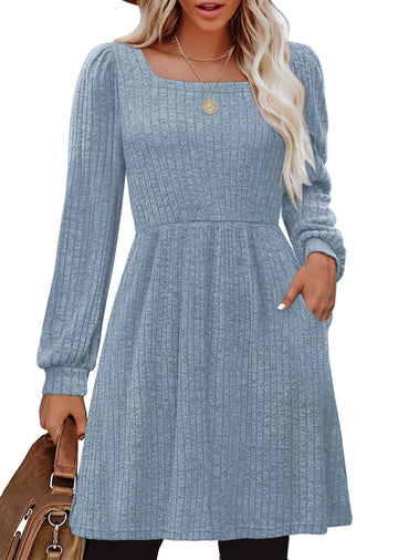 SHINE UP Dresses for Women Fall Square Neck Long Sleeve Knee Length Dress with Pockets