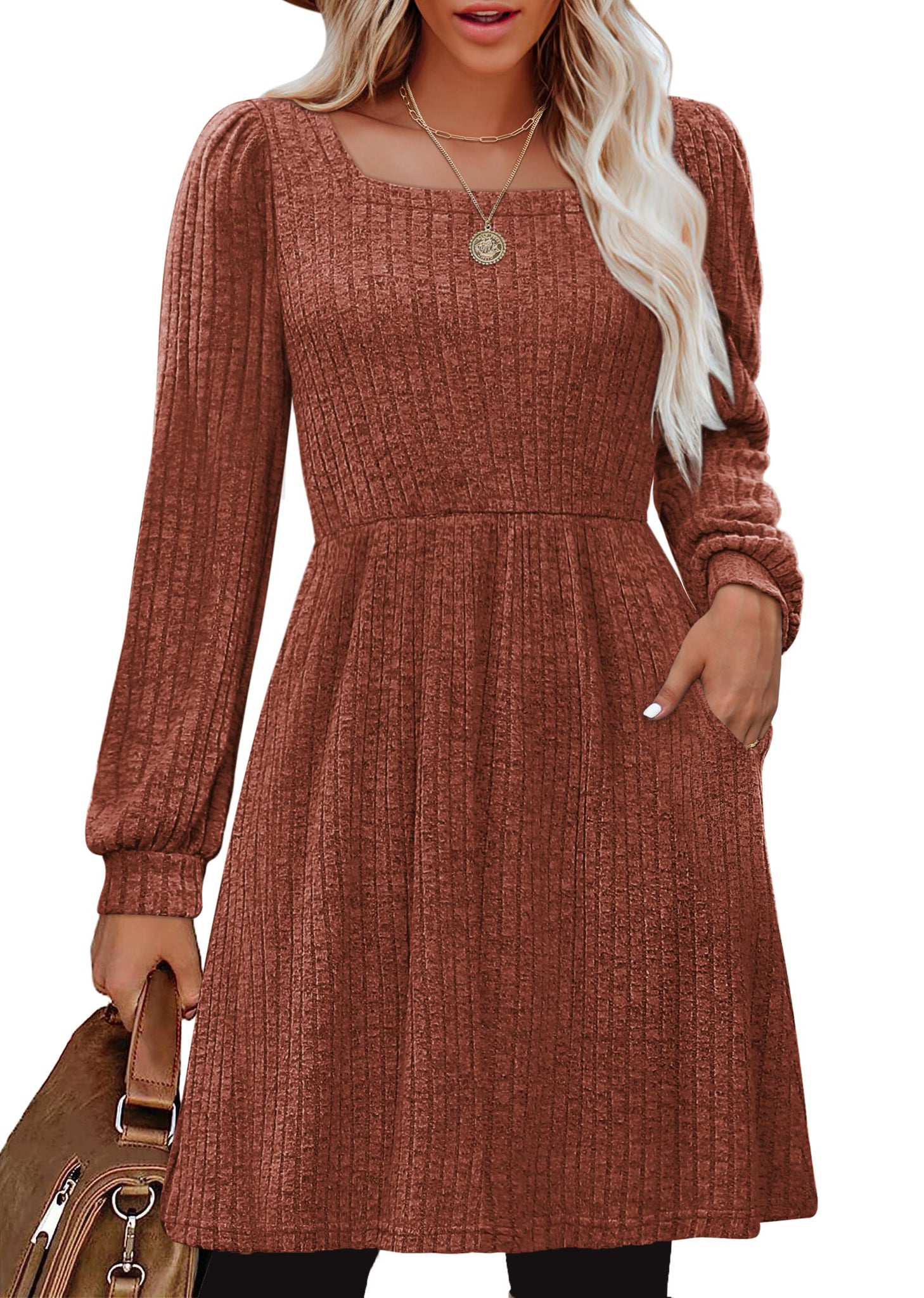 SHINE UP Dresses for Women Fall Square Neck Long Sleeve Knee Length Dress with Pockets