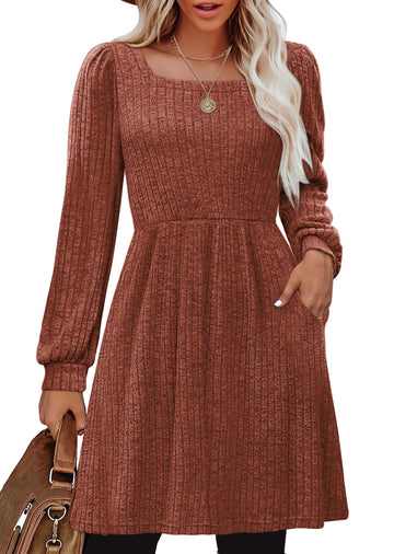 SHINE UP Dresses for Women Fall Square Neck Long Sleeve Knee Length Dress with Pockets