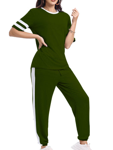 Shine Up Women Sweatsuits Casual 2 Piece Sets Striped Tracksuits Short Sleeve Summer T Shirts Long Jogger Sets Loose Activewear