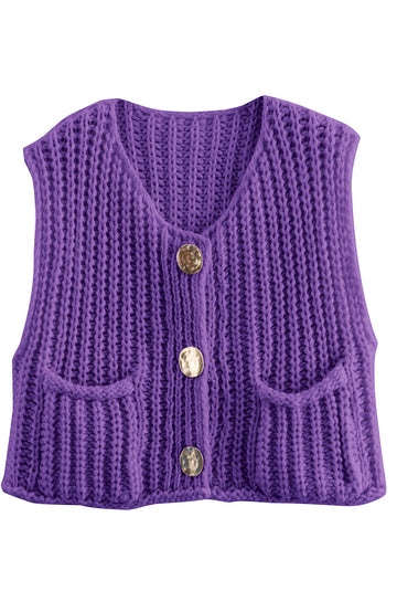 Shine Up Vest for Women Button Down Cardigan Sweater Sleeveless Crochet Knit Tops with Pockets