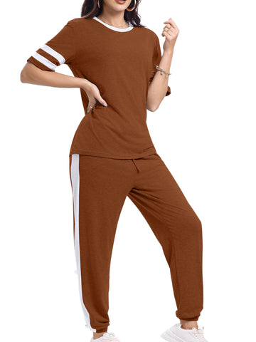 Shine Up Women Sweatsuits Casual 2 Piece Sets Striped Tracksuits Short Sleeve Summer T Shirts Long Jogger Sets Loose Activewear