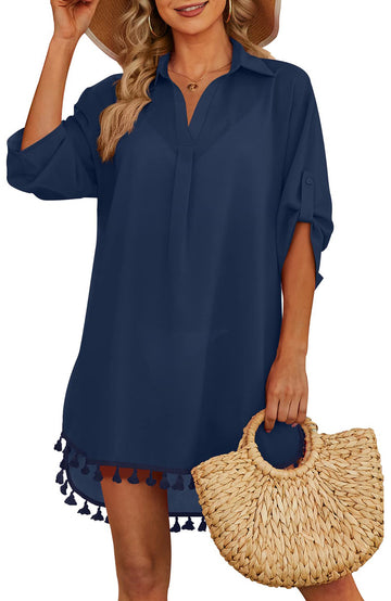 Shine Up Women Swimsuit Cover-up Shirt Tassel Beach Swimwear Summer Bathing Suit Dress