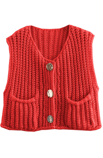 Shine Up Vest for Women Button Down Cardigan Sweater Sleeveless Crochet Knit Tops with Pockets