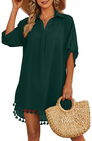 Shine Up Women Swimsuit Cover-up Shirt Tassel Beach Swimwear Summer Bathing Suit Dress