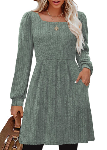 SHINE UP Dresses for Women Fall Square Neck Long Sleeve Knee Length Dress with Pockets