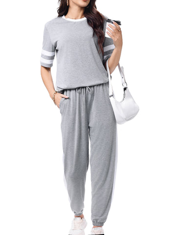 Shine Up Women Sweatsuits Casual 2 Piece Sets Striped Tracksuits Short Sleeve Summer T Shirts Long Jogger Sets Loose Activewear