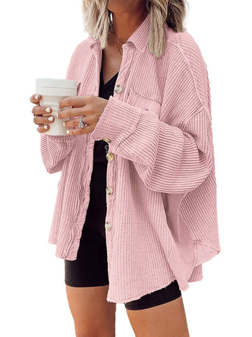 UVN Womens Shacket Jacket Waffle Shirts Long Sleeve Button Down Boyfriend Shirt Coats Side elastic thread Tops