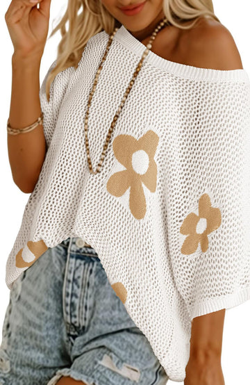 Shine Up Crochet Beach Coverups Women Swimsuits Summer Short Sleeve Blouses Knit Hollow Out Tops