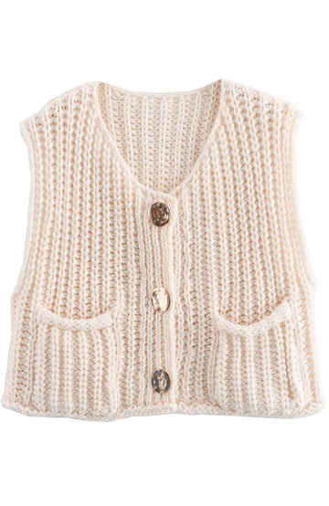 Shine Up Vest for Women Button Down Cardigan Sweater Sleeveless Crochet Knit Tops with Pockets