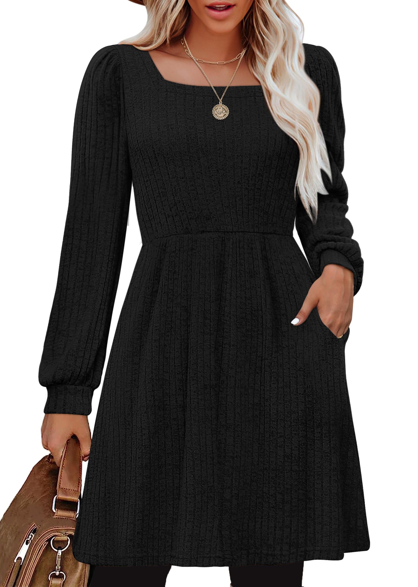 SHINE UP Dresses for Women Fall Square Neck Long Sleeve Knee Length Dress with Pockets