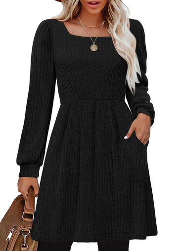 SHINE UP Dresses for Women Fall Square Neck Long Sleeve Knee Length Dress with Pockets