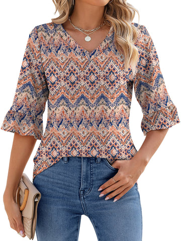 Shine Up Blouses for Womens Floral Print Tunic Tops Summer V-Neck 3/4 Ruffle Sleeve Blouse
