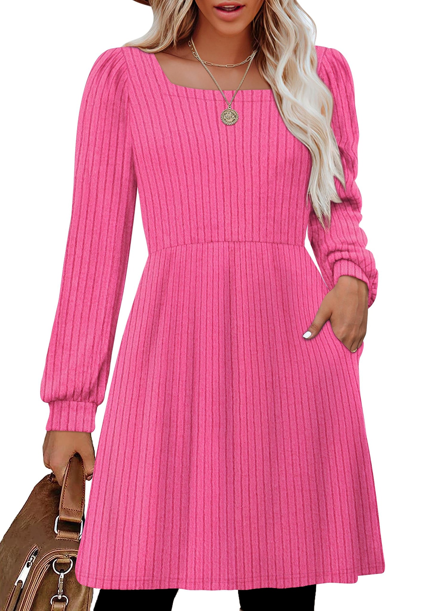 SHINE UP Dresses for Women Fall Square Neck Long Sleeve Knee Length Dress with Pockets