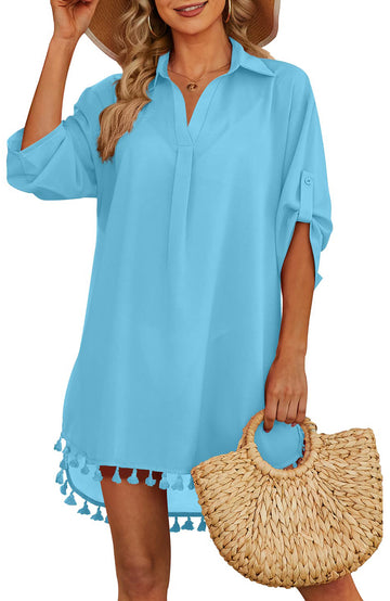 Shine Up Women Swimsuit Cover-up Shirt Tassel Beach Swimwear Summer Bathing Suit Dress