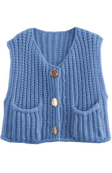 Shine Up Vest for Women Button Down Cardigan Sweater Sleeveless Crochet Knit Tops with Pockets