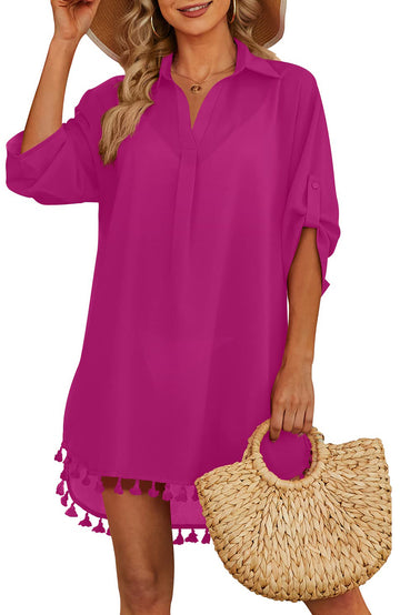 Shine Up Women Swimsuit Cover-up Shirt Tassel Beach Swimwear Summer Bathing Suit Dress