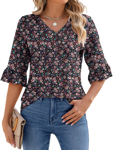 Shine Up Blouses for Womens Floral Print Tunic Tops Summer V-Neck 3/4 Ruffle Sleeve Blouse
