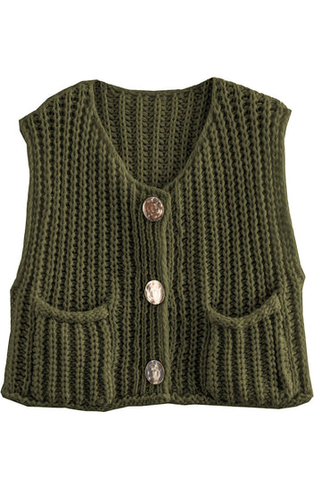Shine Up Vest for Women Button Down Cardigan Sweater Sleeveless Crochet Knit Tops with Pockets