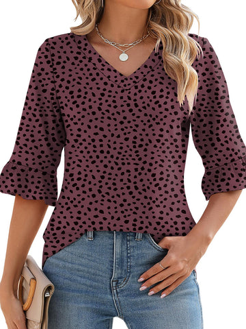 Shine Up Blouses for Womens Floral Print Tunic Tops Summer V-Neck 3/4 Ruffle Sleeve Blouse