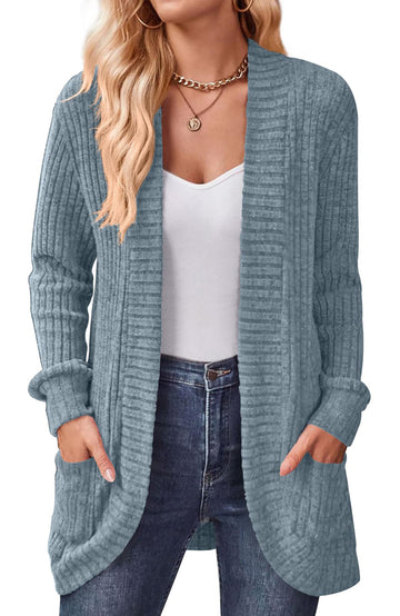 Shine Up Cardigan for Women Rib Knit Long Sleeve Tops Casual Lightweight Open Front Cardigans with Pockets