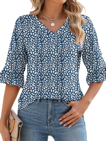 Shine Up Blouses for Womens Floral Print Tunic Tops Summer V-Neck 3/4 Ruffle Sleeve Blouse