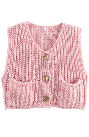 Shine Up Vest for Women Button Down Cardigan Sweater Sleeveless Crochet Knit Tops with Pockets