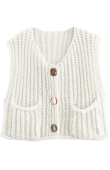 Shine Up Vest for Women Button Down Cardigan Sweater Sleeveless Crochet Knit Tops with Pockets