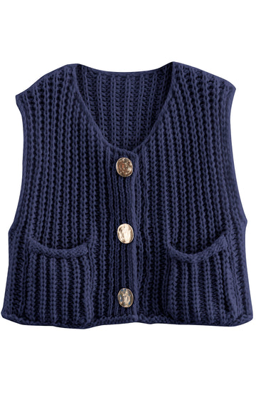 Shine Up Vest for Women Button Down Cardigan Sweater Sleeveless Crochet Knit Tops with Pockets