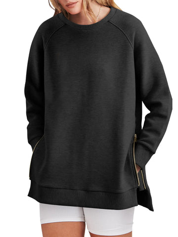 SHINE UP Sweatshirt for Women Long Sleeve Crewneck Tops Oversized Casual Pullover Shirts with Side Zipper