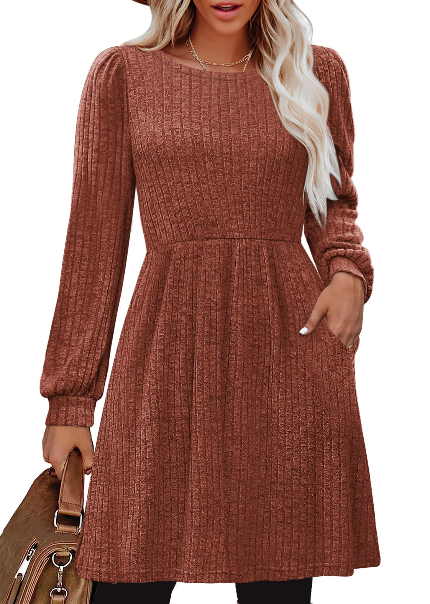 SHINE UP Dresses for Women Fall Crewneck Long Sleeve Knee Length Dress with Pockets