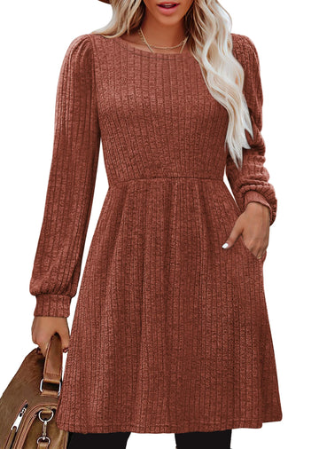 SHINE UP Dresses for Women Fall Crewneck Long Sleeve Knee Length Dress with Pockets